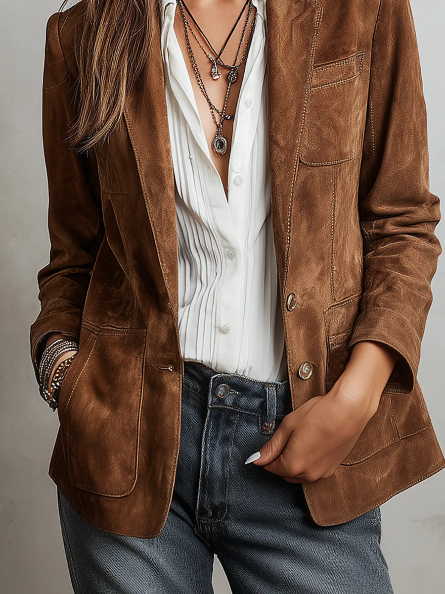 Damen Jacke im Wildleder-Look mit Knopfleiste braun