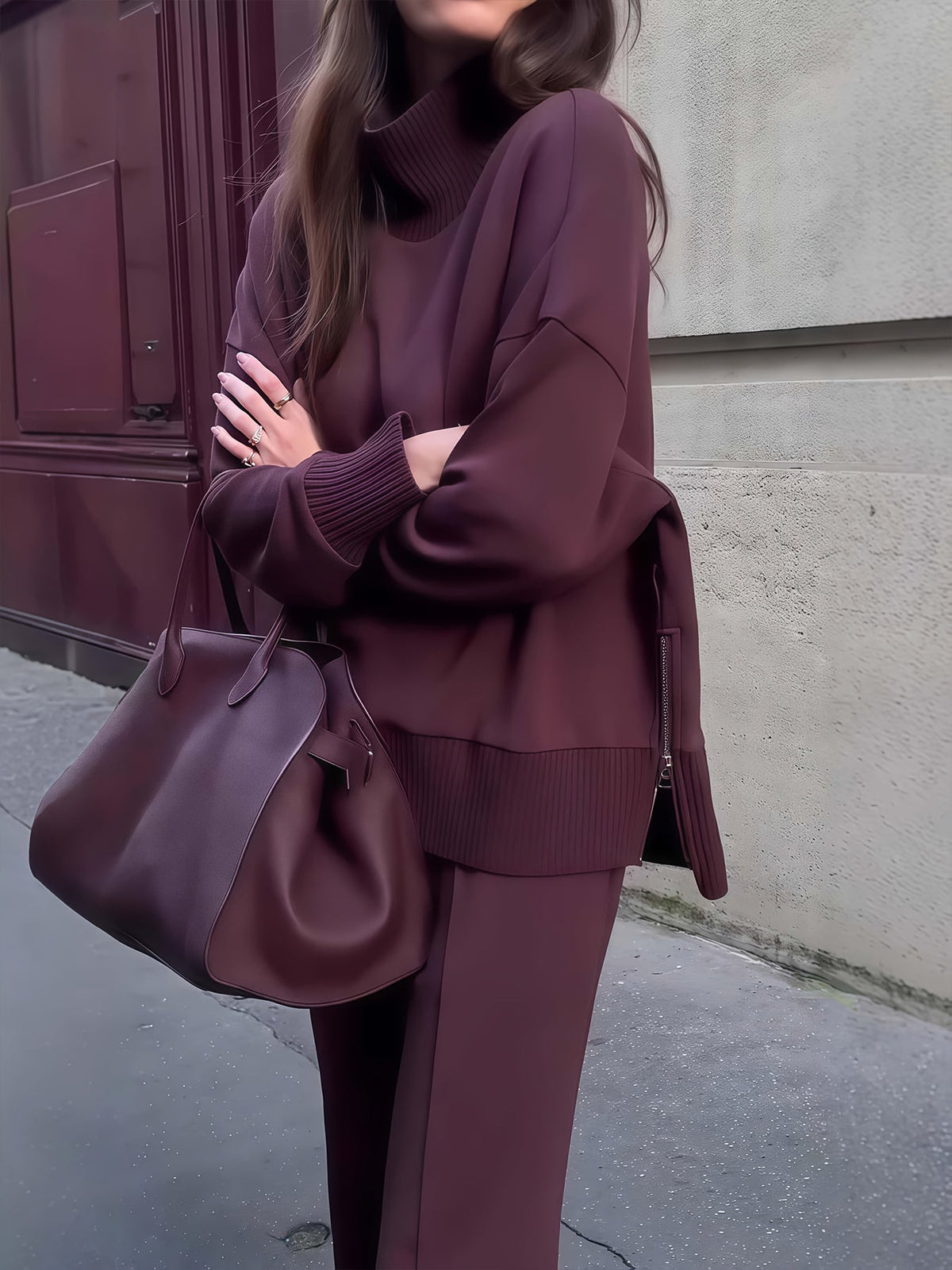 Damen Sweatshirt-Set mit Weitbein-Hose und Reißverschluss