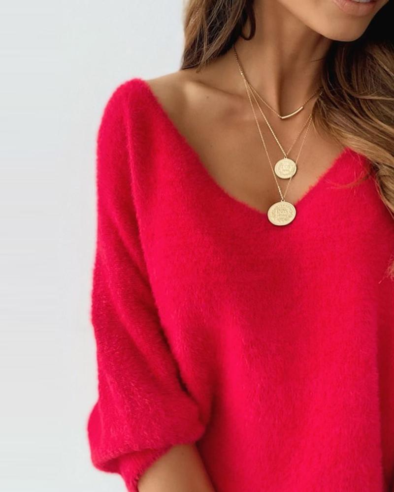 Damen Flauschpullover rot mit V-Ausschnitt