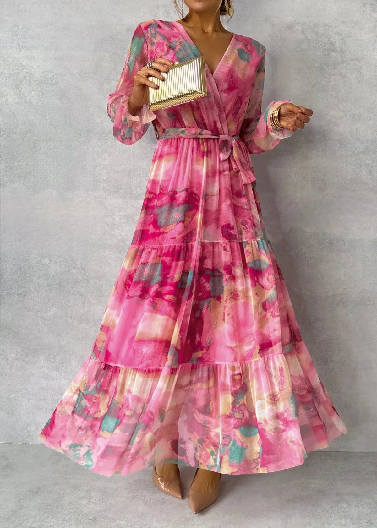 Damen Plisseekleid Maxi mit Blumenmuster