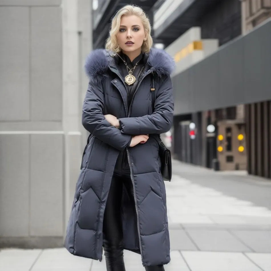 Damen langer Wintermantel mit Kapuze und Taschen