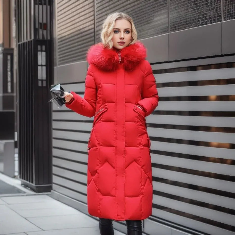 Damen langer Wintermantel mit Kapuze und Taschen