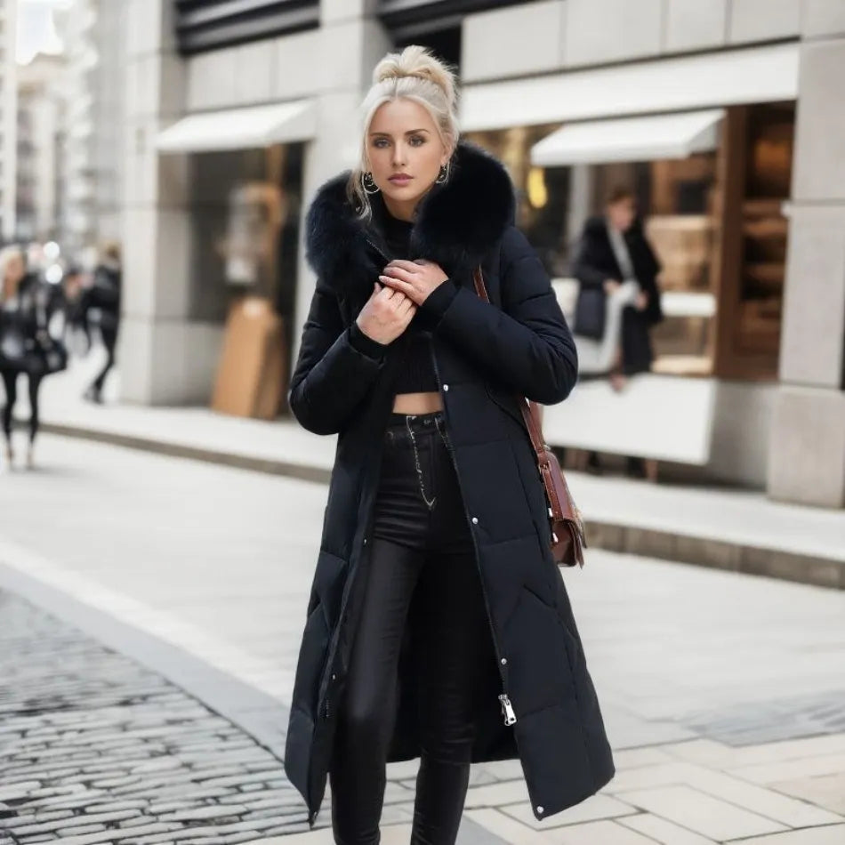 Damen langer Wintermantel mit Kapuze und Taschen