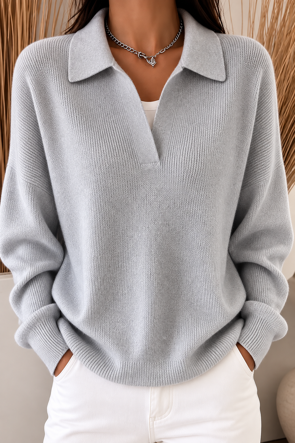 Damen lockerer Strickpullover mit offenem Kragen