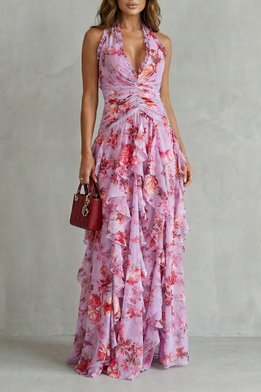 Damen Maxikleid mit Halter-Ausschnitt und Rosenprint