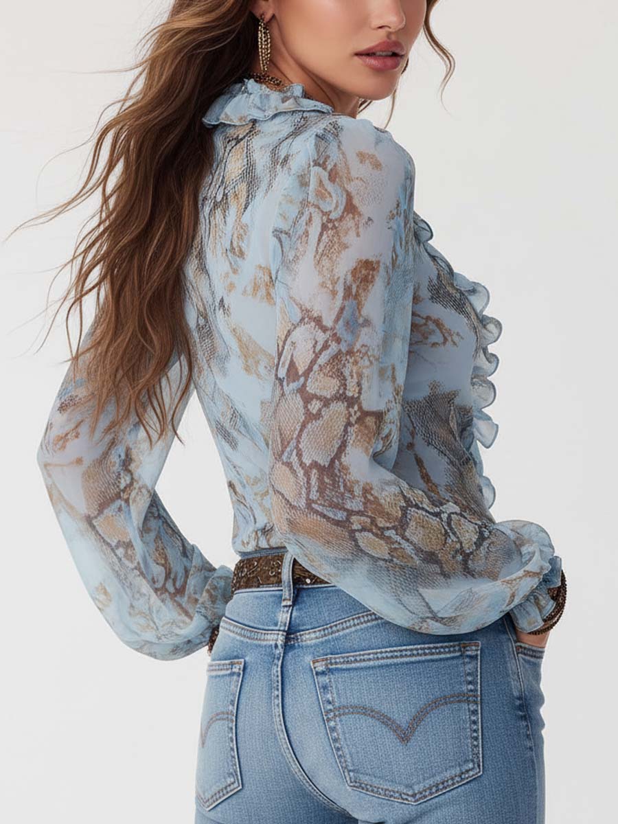 Damen Chiffonbluse mit Rüschen-V-Ausschnitt und Gold-Reißverschluss