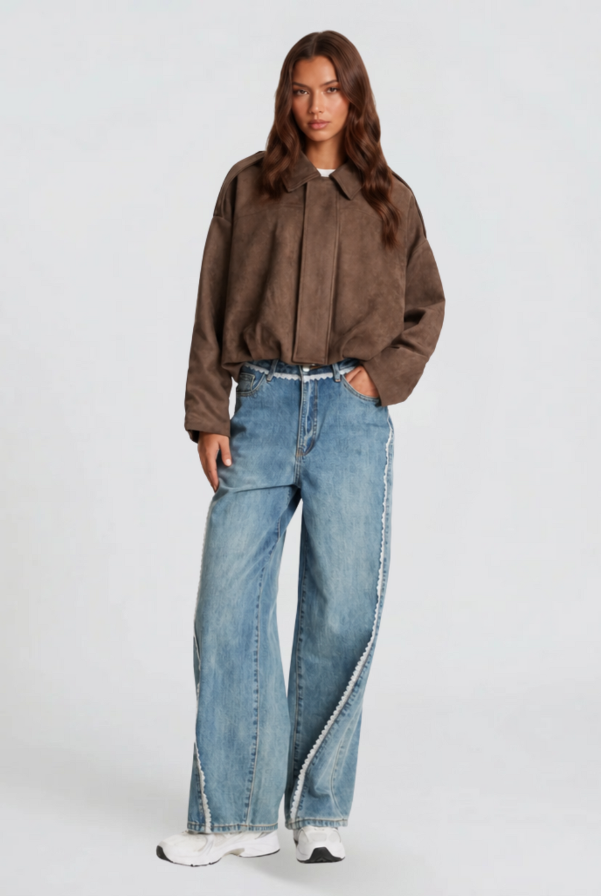 Damen kurze Oversized-Jacke mit Reißverschluss und Umlegekragen
