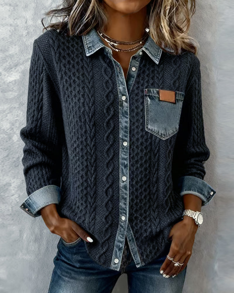 Damen Langarmhemd mit Denim-Patchwork