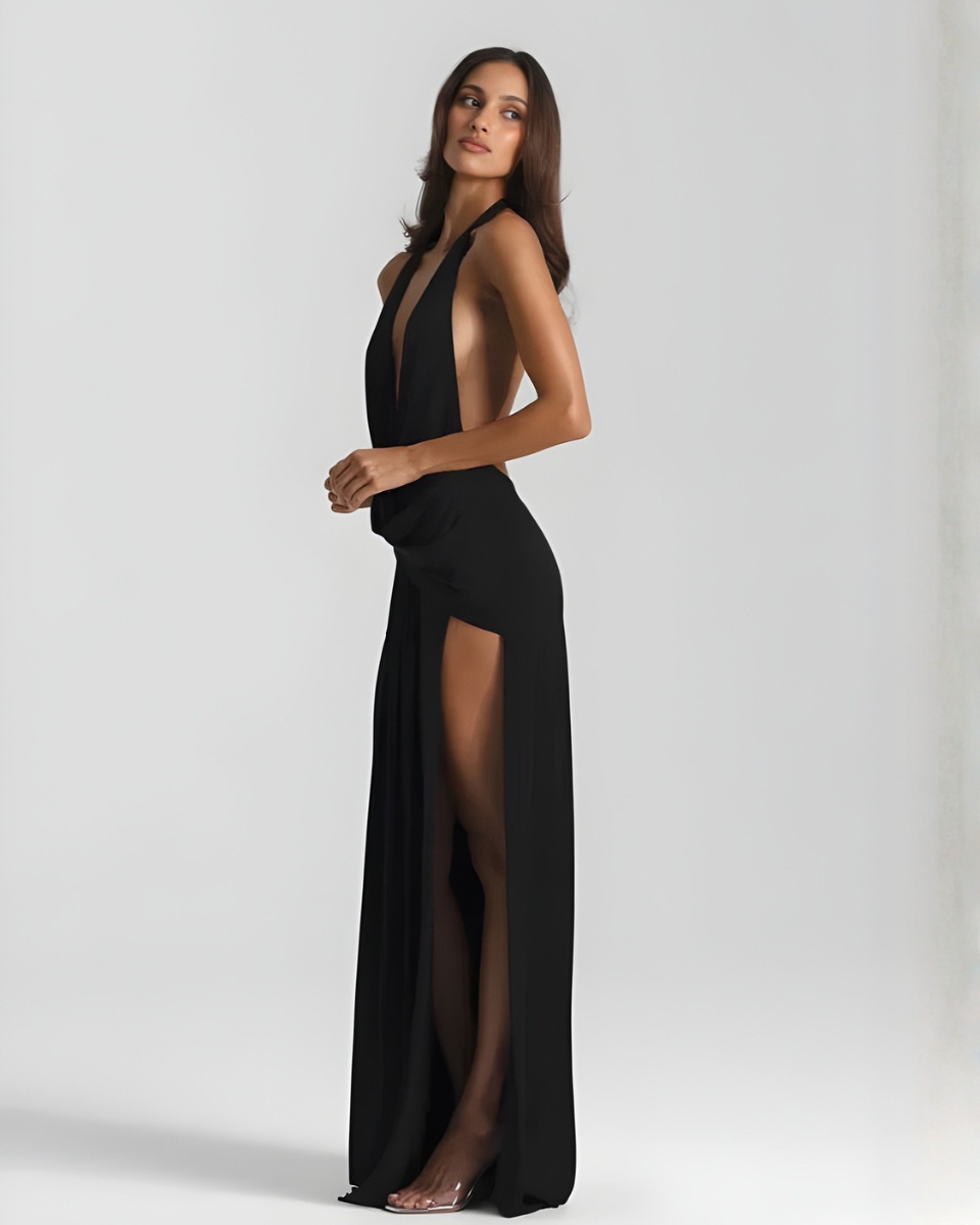 Damen Halterneck rückenfrei Maxi-Kleid