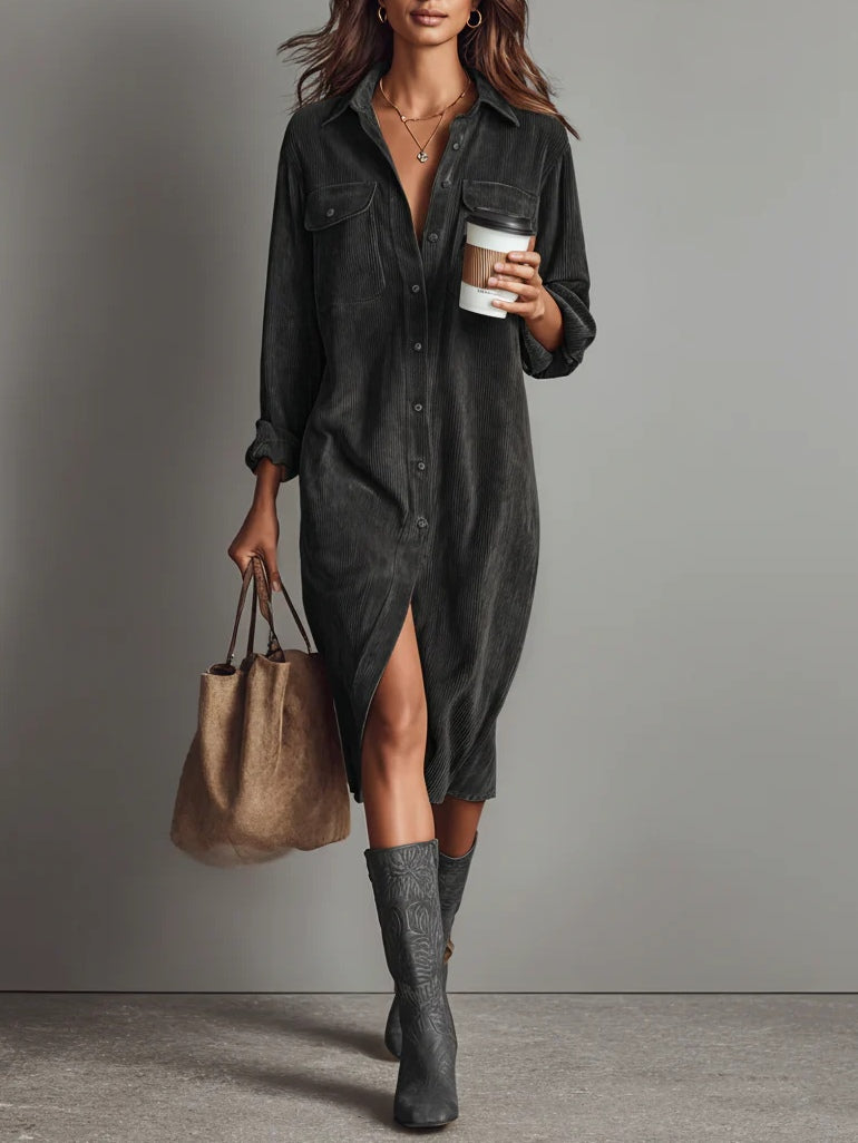 Damen Midikleid mit Knopfleiste und Brusttaschen