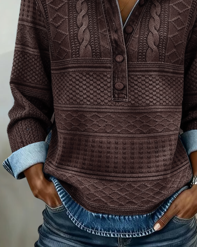 Damen Sweatshirt mit halber Knopfleiste und Kragen