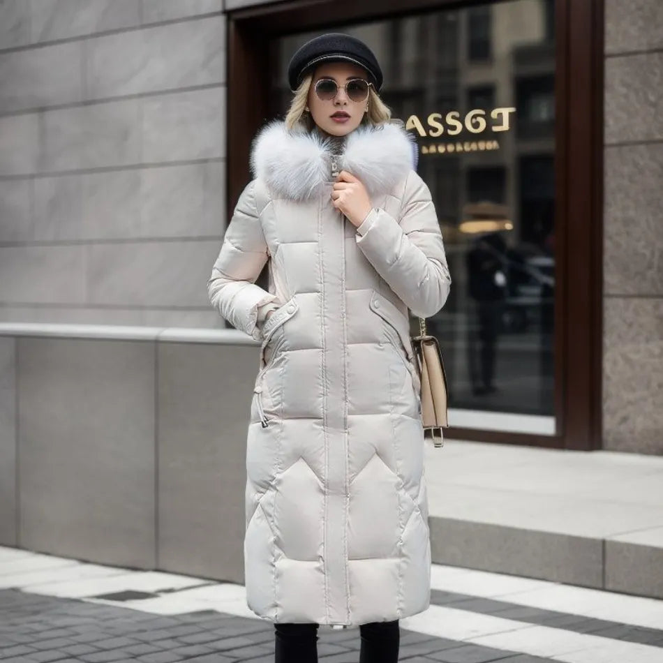 Damen langer Wintermantel mit Kapuze und Taschen