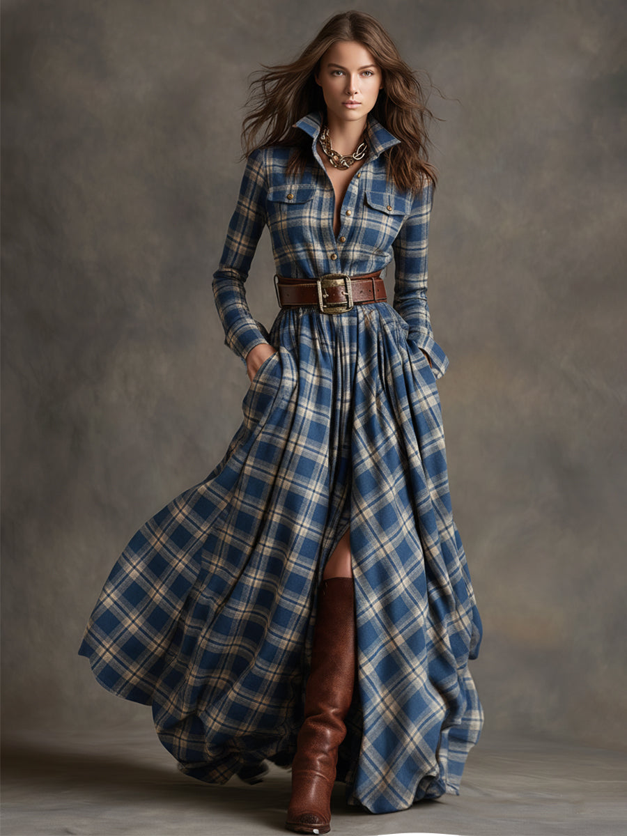 Damen Maxikleid mit Karomuster und Gürtel