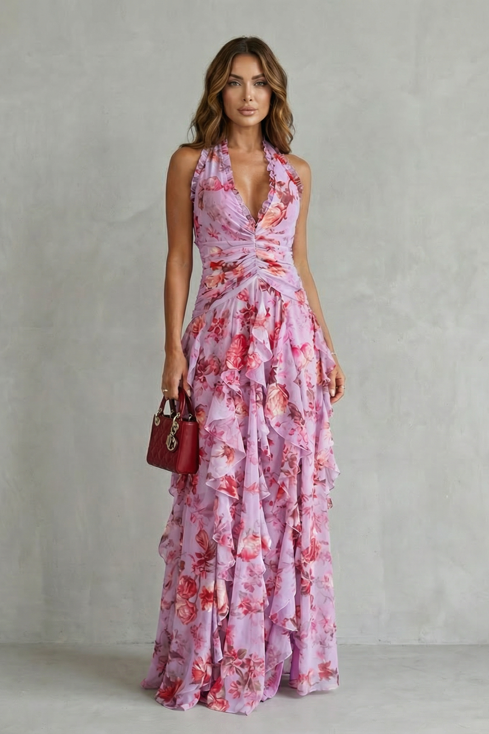 Damen Maxikleid mit Halter-Ausschnitt und Rosenprint