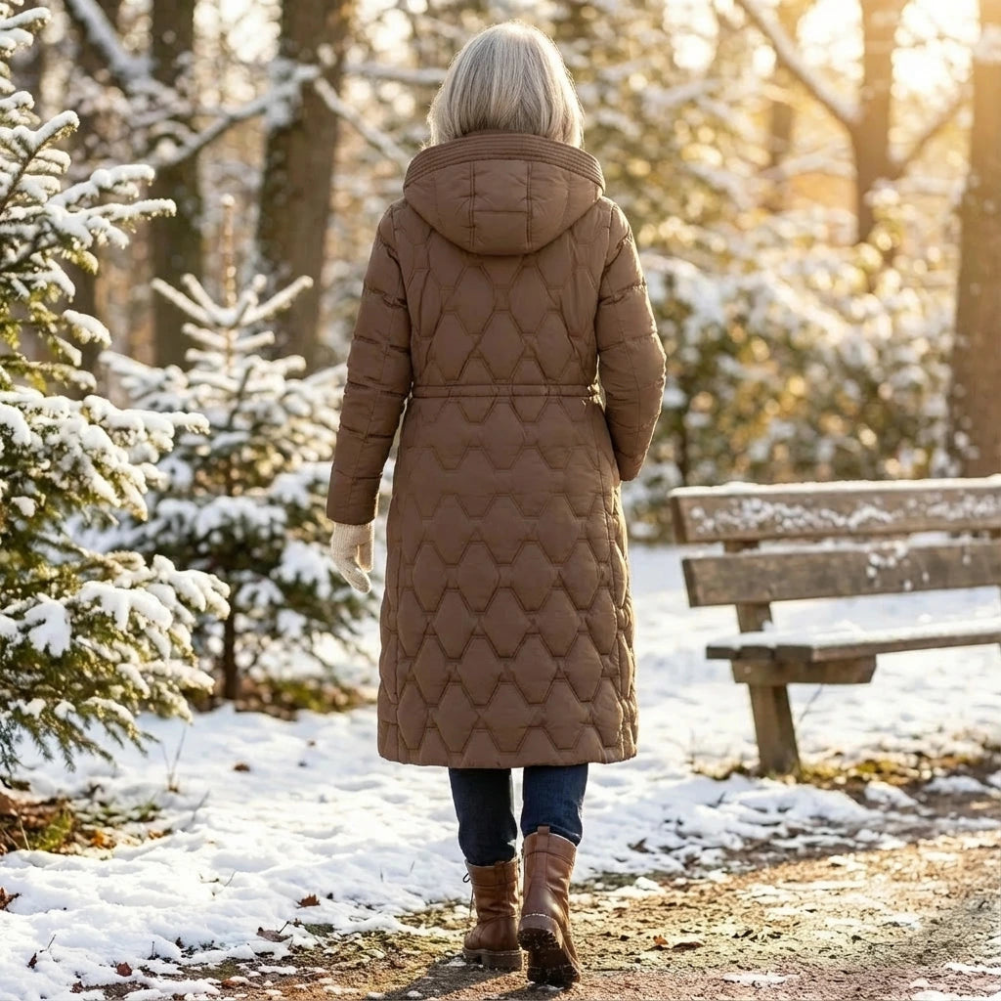 Damen langer Daunenmantel mit Kapuze