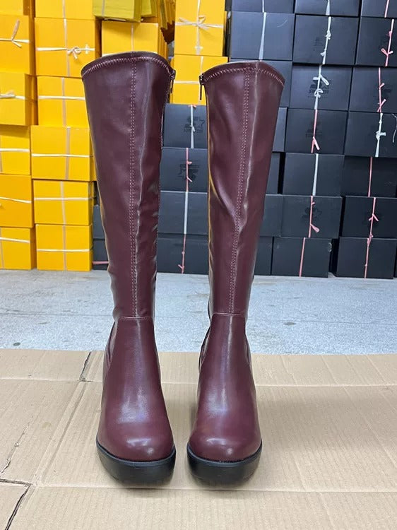 Damen Kniestiefel mit Blockabsatz und runder Zehenpartie