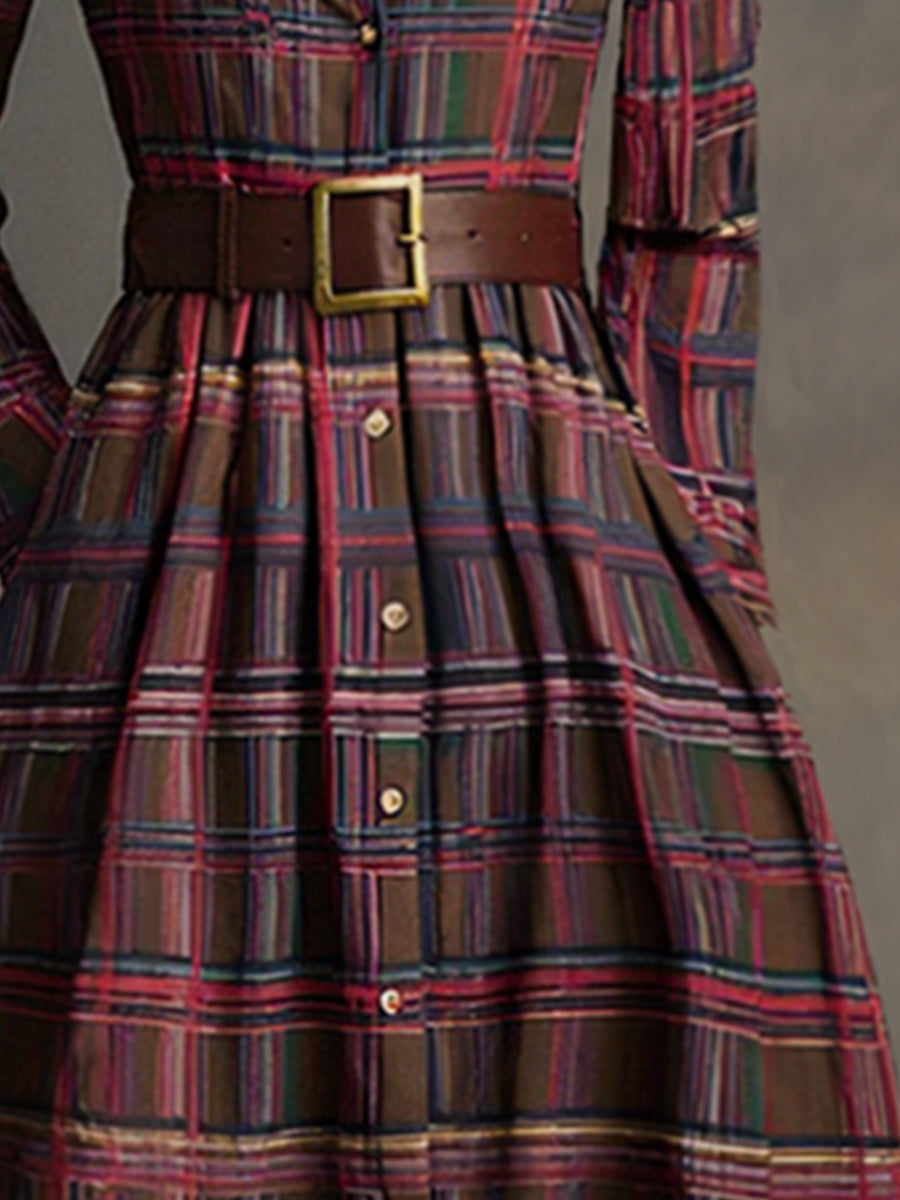 Damen Maxikleid mit Karomuster und Gürtel