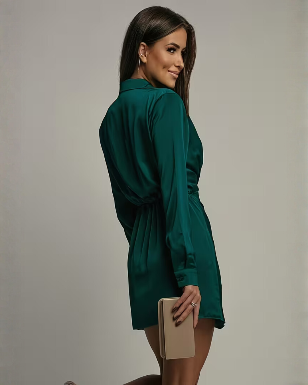 Damen Langarm Wickel Mini-Kleid