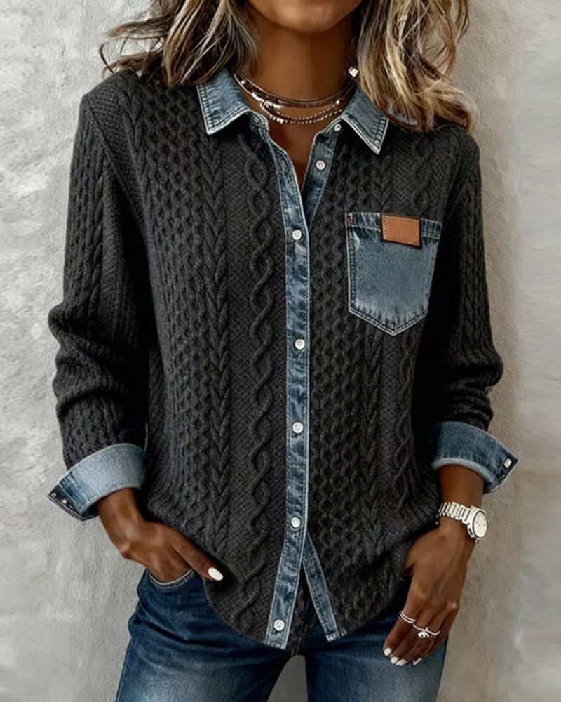 Damen Langarmhemd mit Denim-Patchwork
