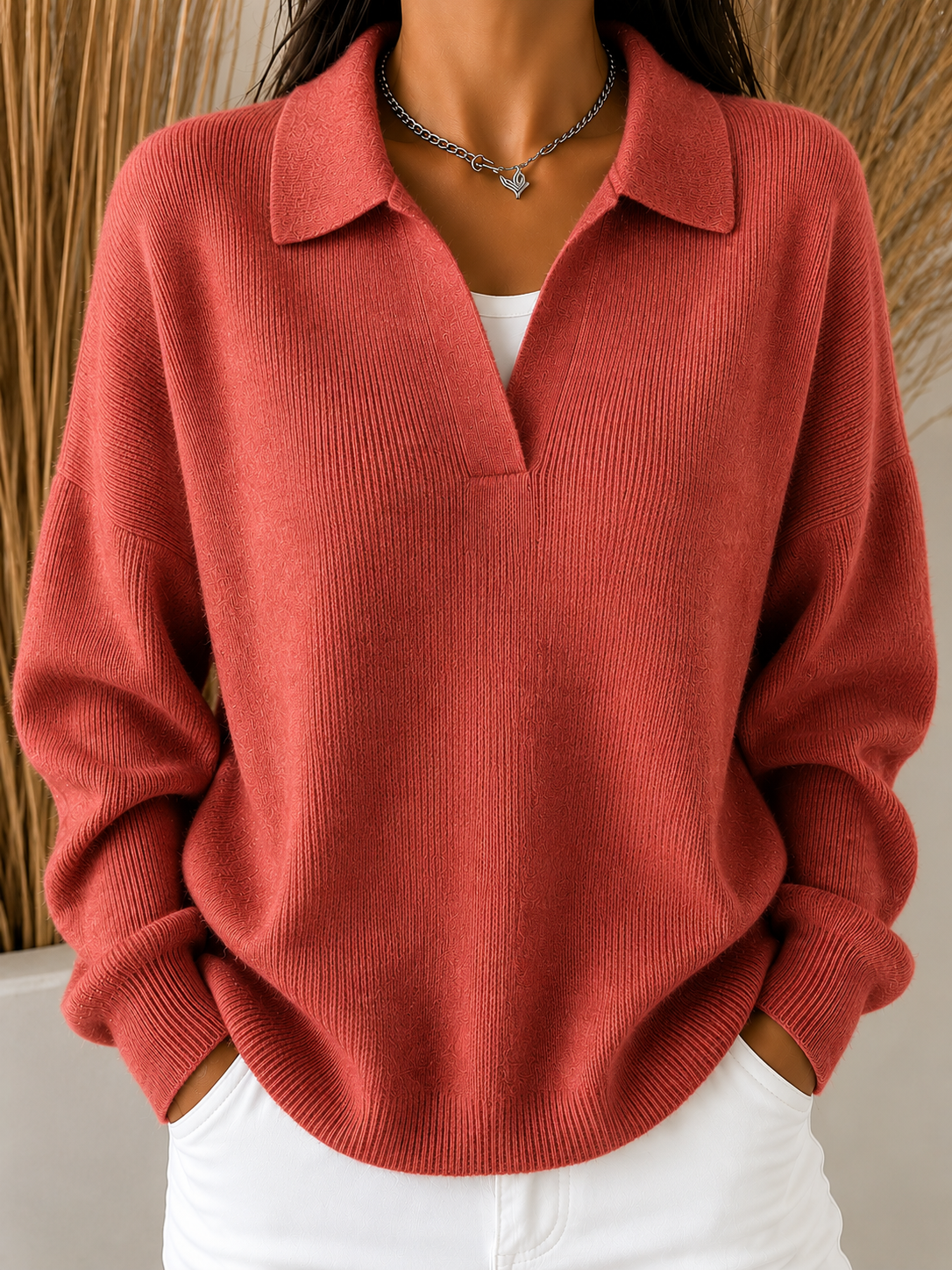Damen lockerer Strickpullover mit offenem Kragen