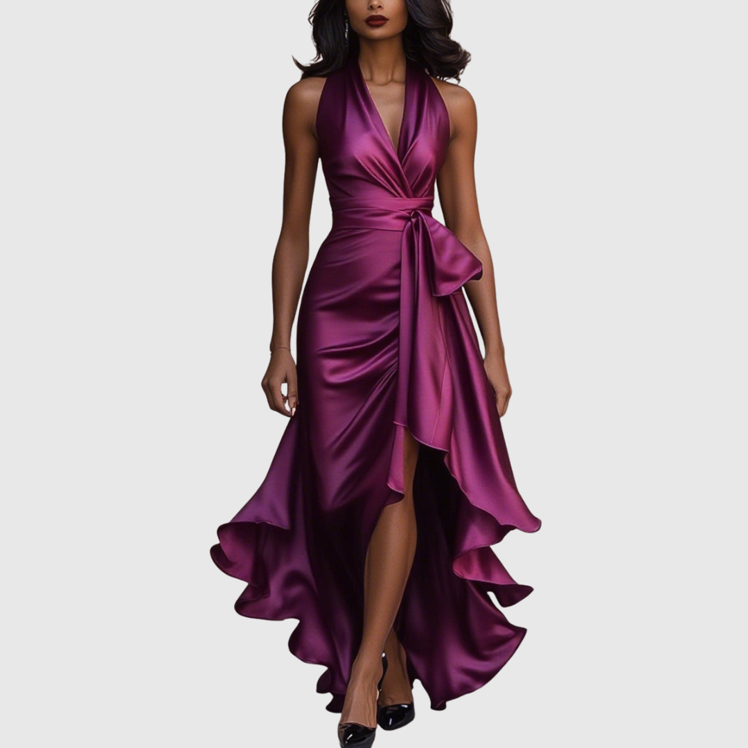 Damen Satin Wickel Maxikleid