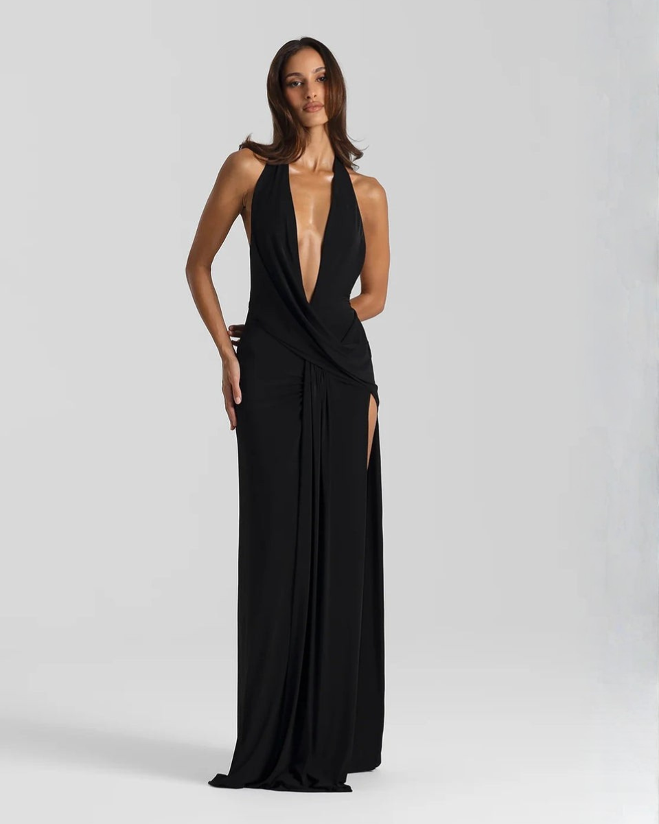 Damen Halterneck rückenfrei Maxi-Kleid