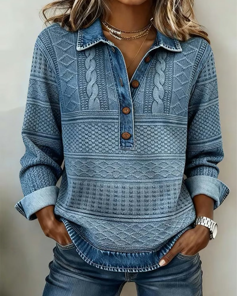 Damen Sweatshirt mit halber Knopfleiste und Kragen