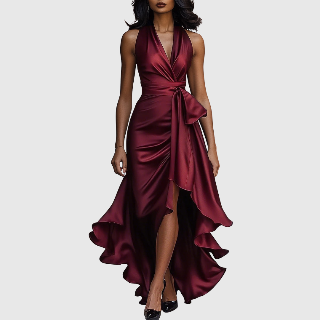 Damen Satin Wickel Maxikleid