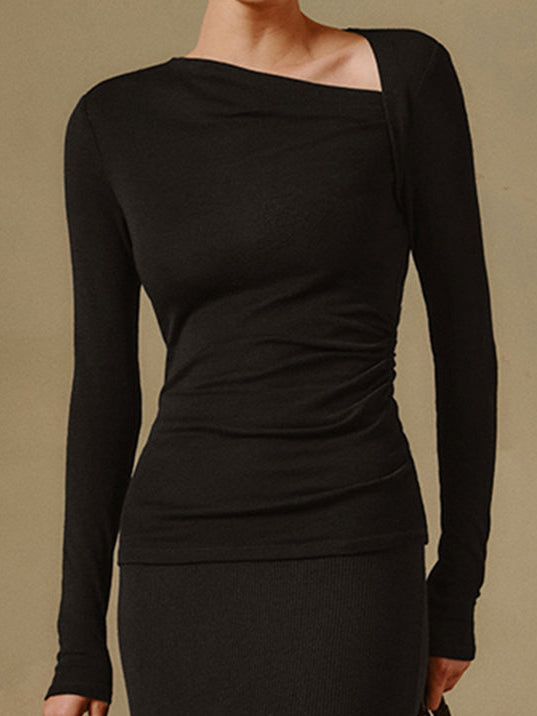 Damen schwarzes geripptes Langarm-Shirt mit asymmetrischem Ausschnitt