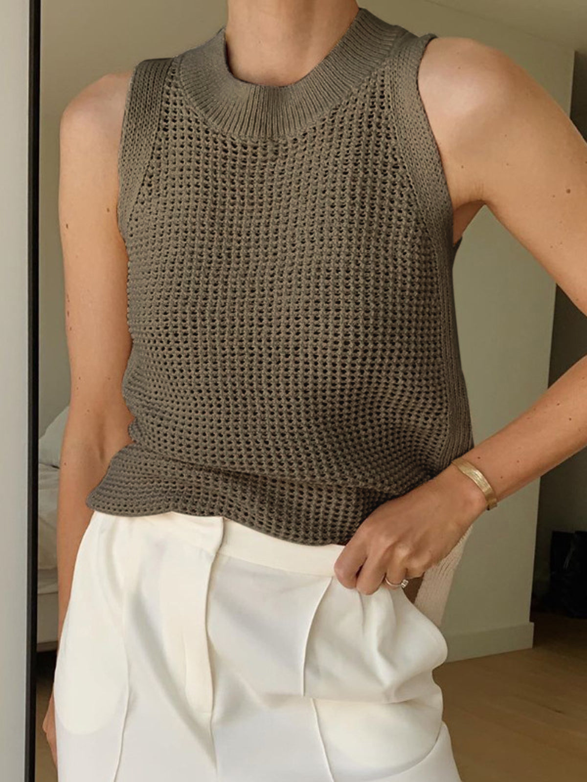 Damen Tanktop Strick Durchbrochen