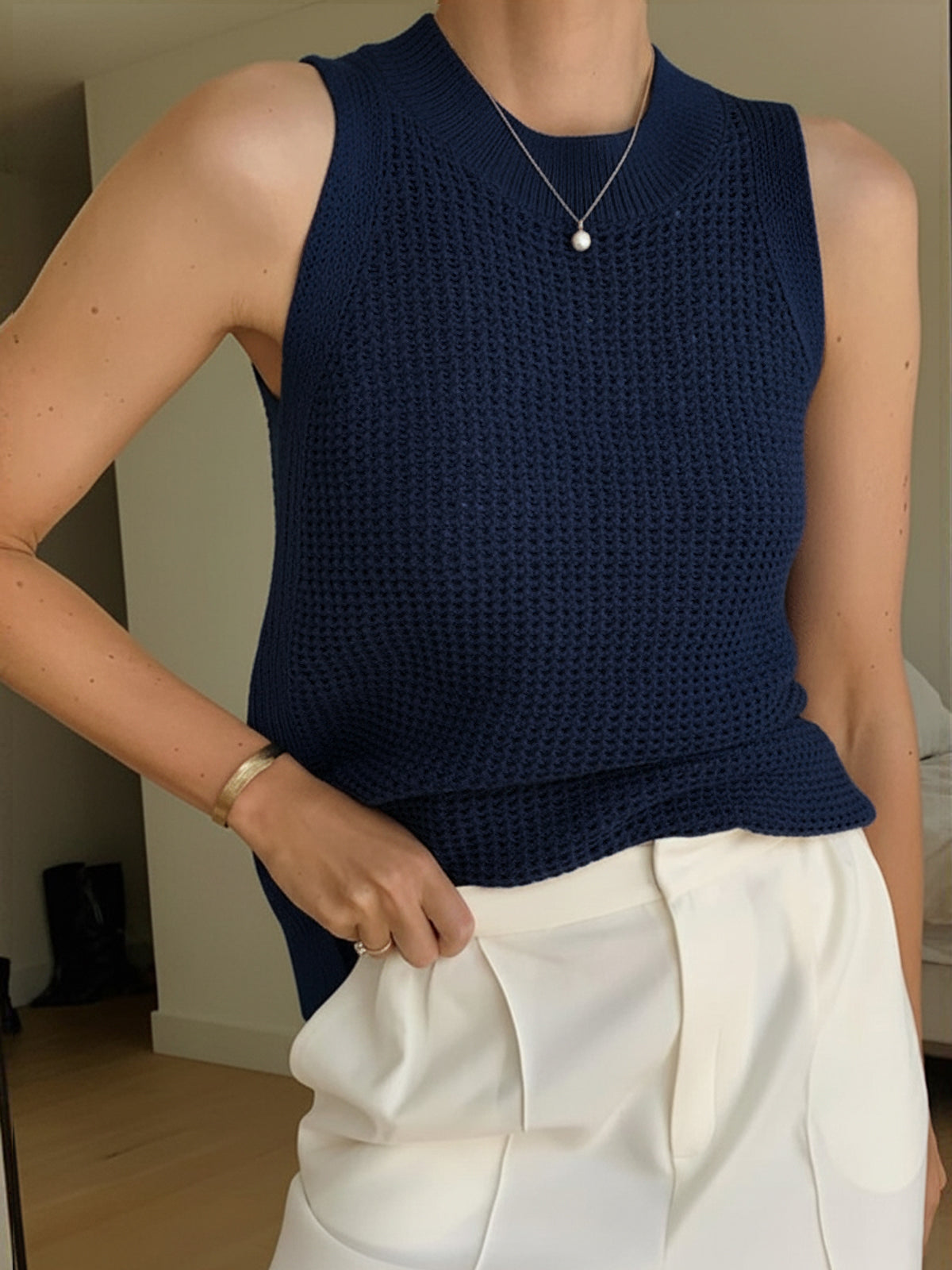 Damen Tanktop Strick Durchbrochen