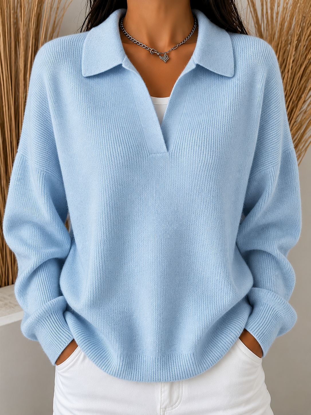 Damen lockerer Strickpullover mit offenem Kragen