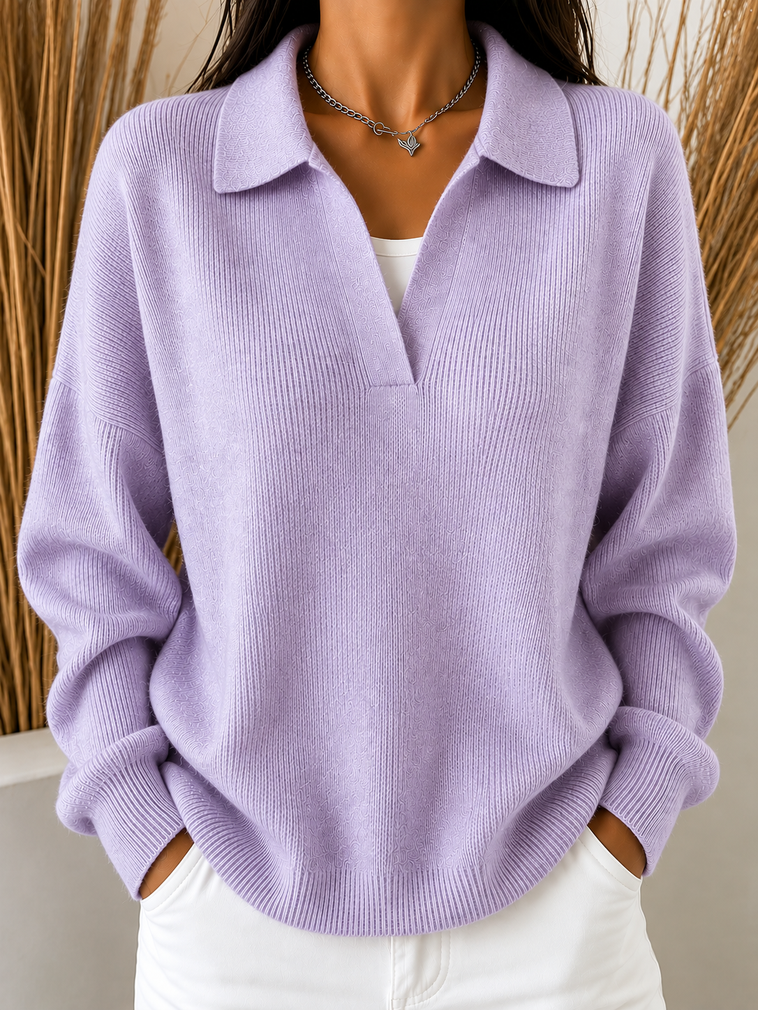Damen lockerer Strickpullover mit offenem Kragen