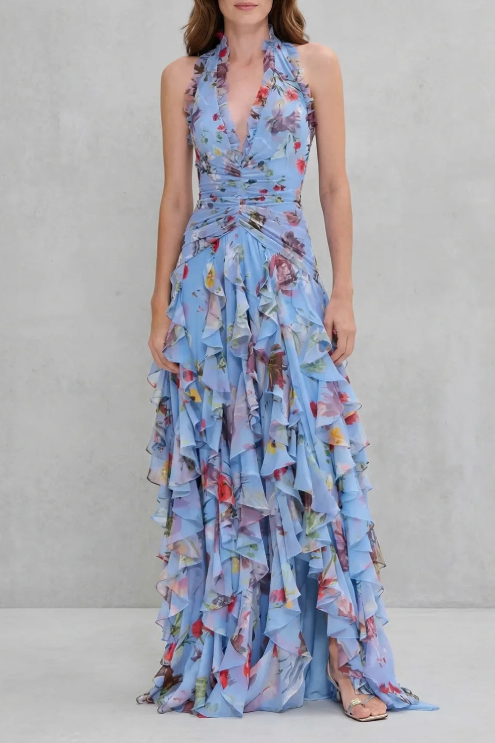 Damen Maxikleid mit Halter-Ausschnitt und Rosenprint