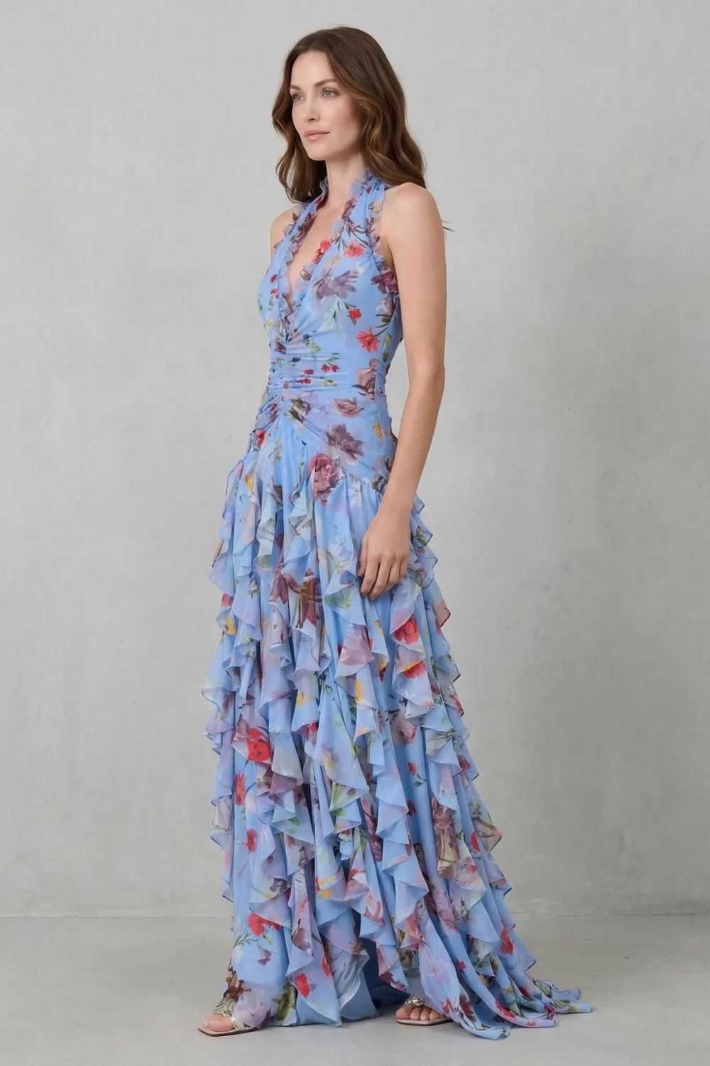 Damen Maxikleid mit Halter-Ausschnitt und Rosenprint