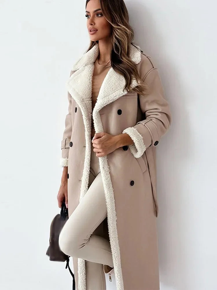 Damen langer Wintermantel mit Umlegekragen und Taschen