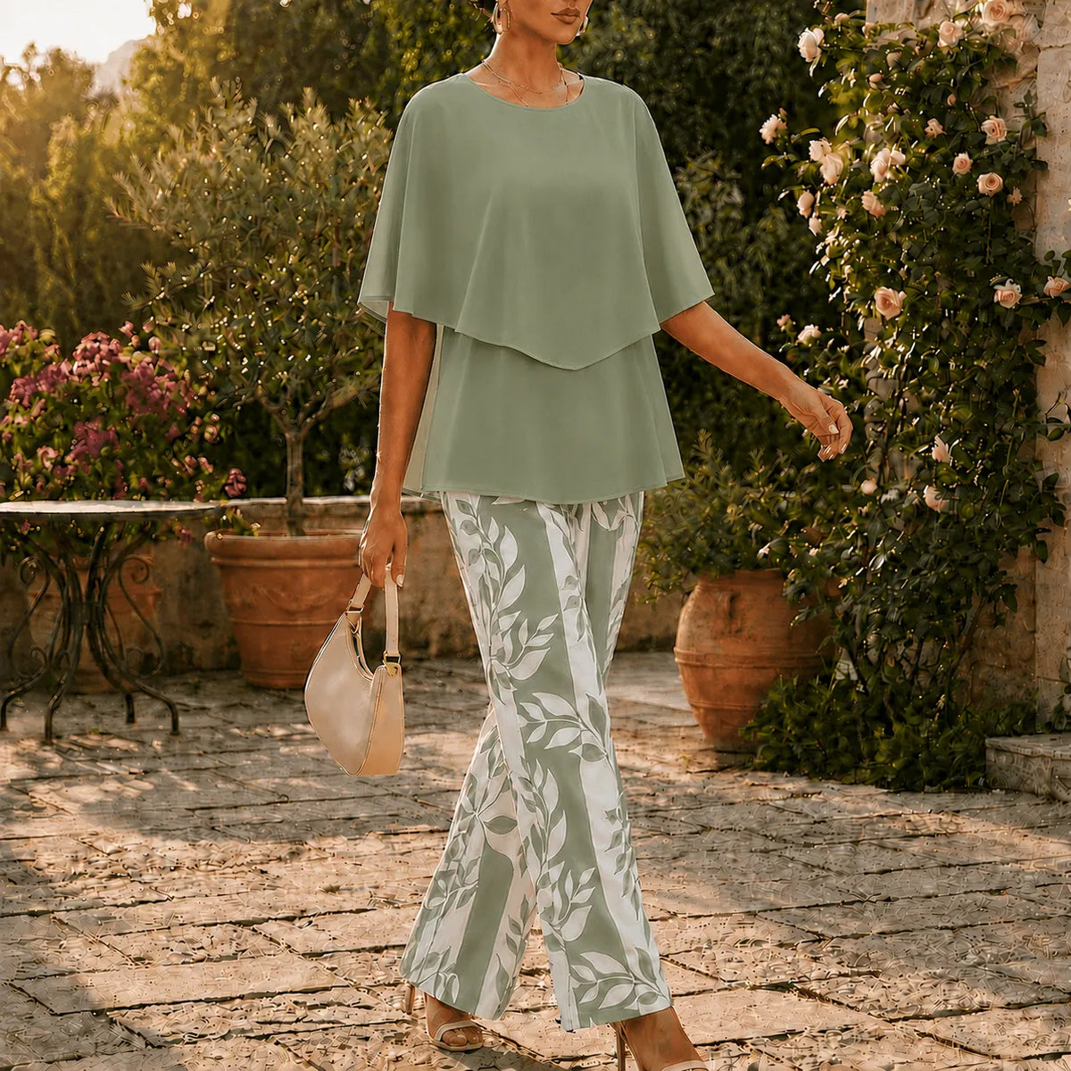 Damen Zweiteiler-Set mit Weitbein-Hose und Blumenprint