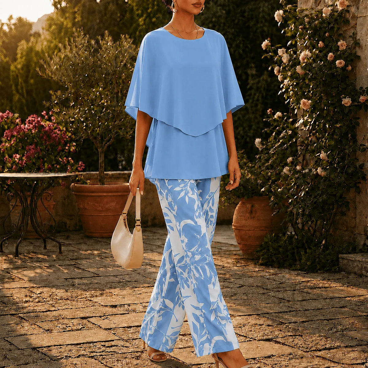 Damen Zweiteiler-Set mit Weitbein-Hose und Blumenprint