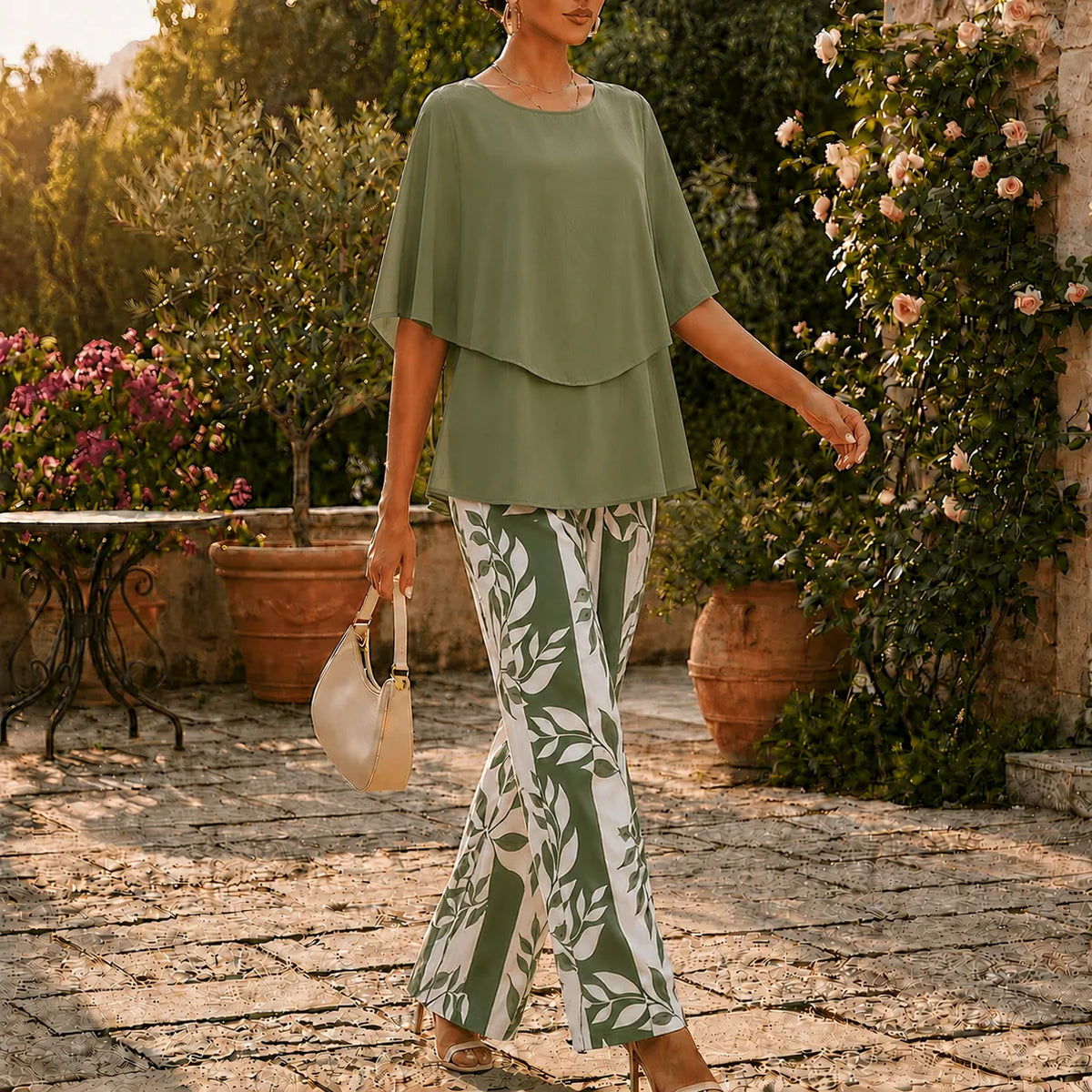 Damen Zweiteiler-Set mit Weitbein-Hose und Blumenprint