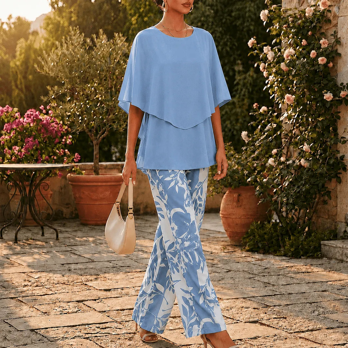 Damen Zweiteiler-Set mit Weitbein-Hose und Blumenprint