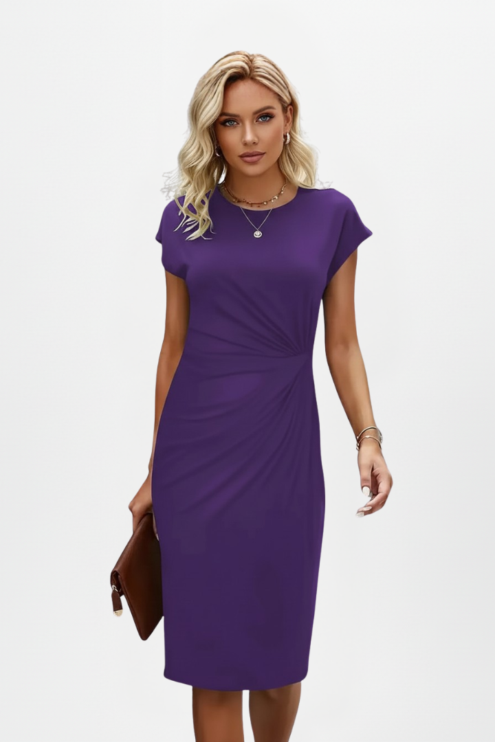Damen Kleid knielang mit Rundhalsausschnitt und Taillenraffung