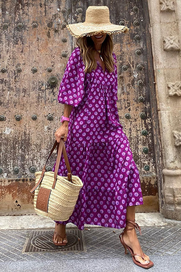 Damen Maxikleid mit Puffärmeln und V-Ausschnitt