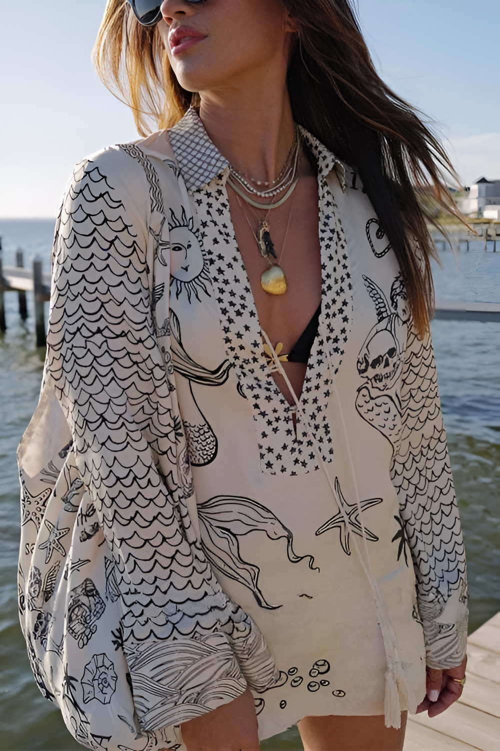 Damen Zweiteiler-Set mit Shorts und Meer-Print
