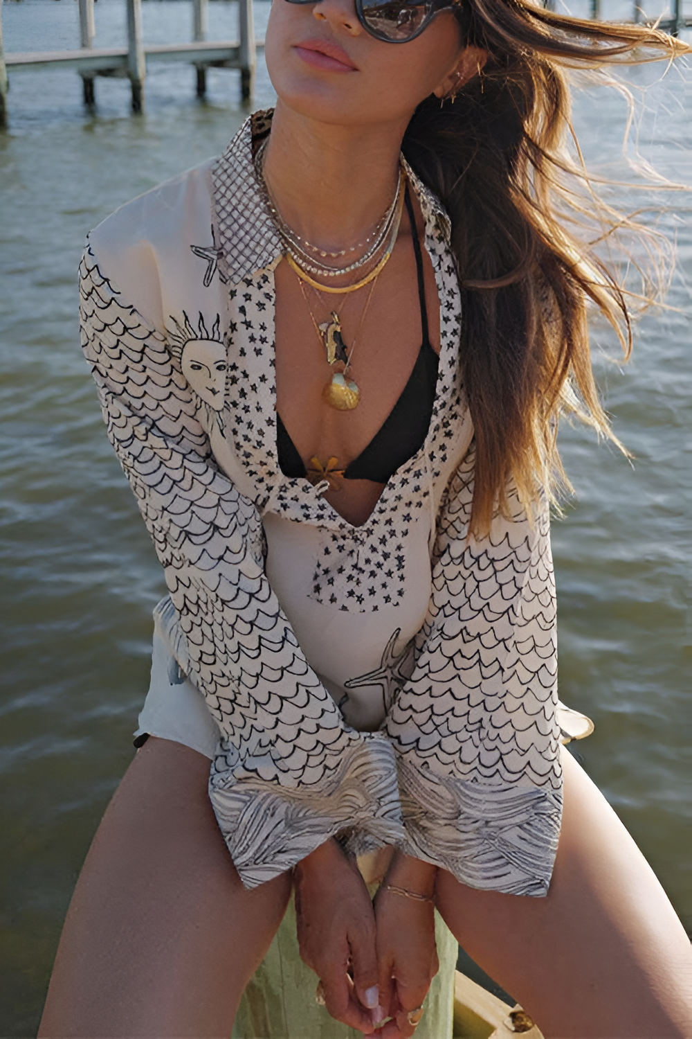 Damen Zweiteiler-Set mit Shorts und Meer-Print