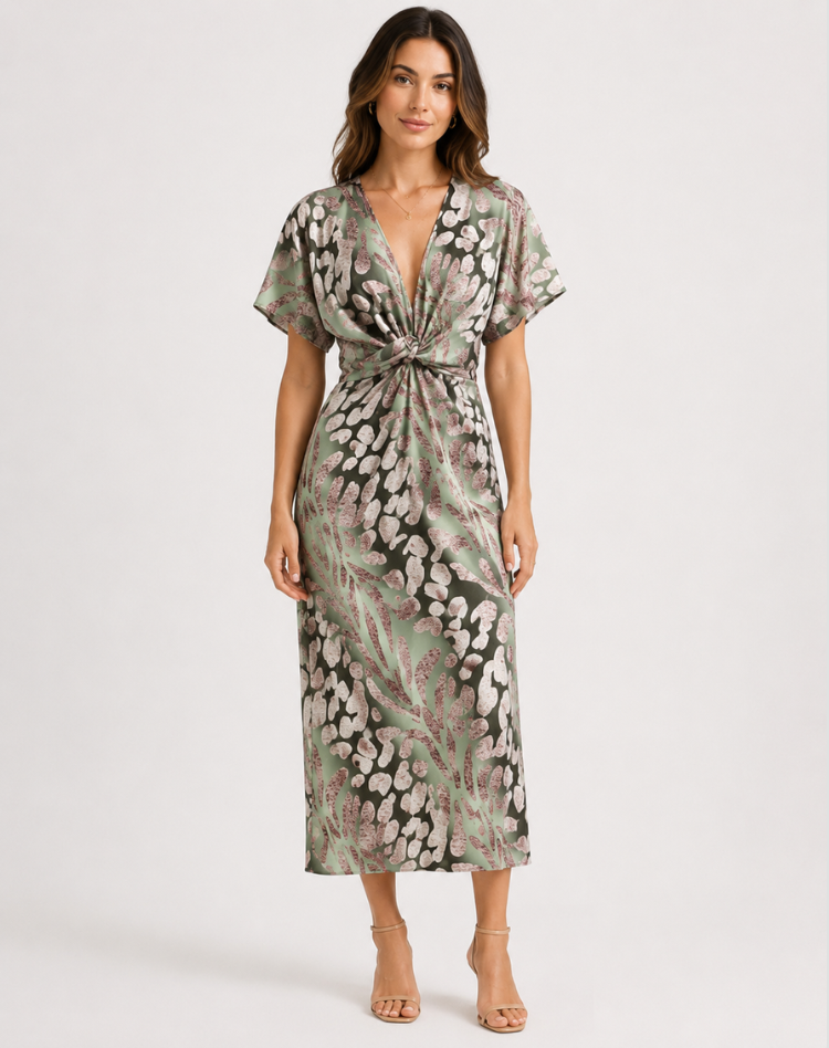 Damen Wickelkleid maxi grün mit V-Ausschnitt