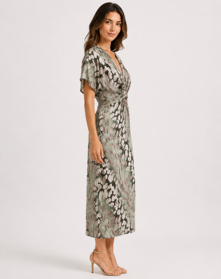 Damen Wickelkleid maxi grün mit V-Ausschnitt