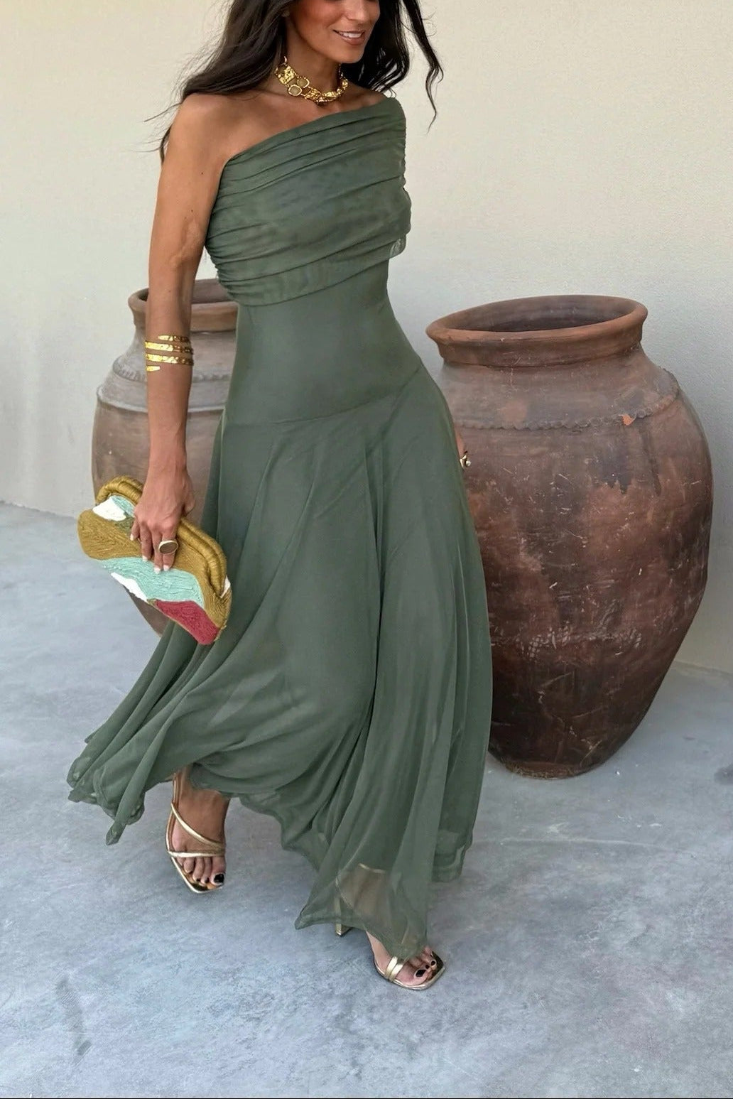 Damen One-Shoulder Maxikleid aus Mesh
