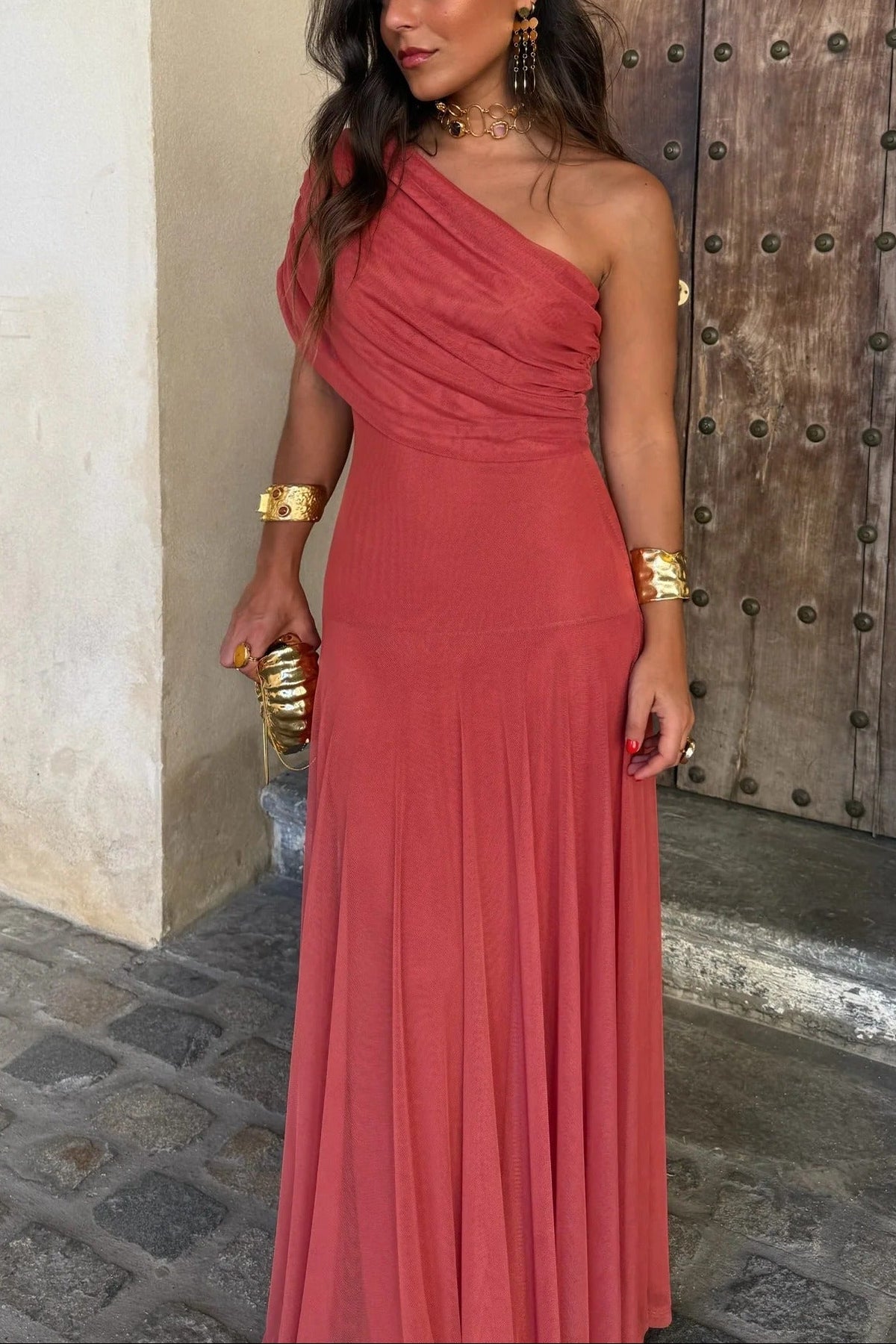 Damen One-Shoulder Maxikleid aus Mesh