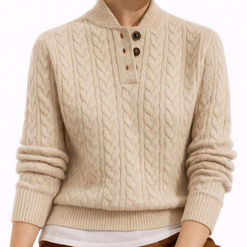 Damen Pullover mit Zopfmuster und Knopfleiste