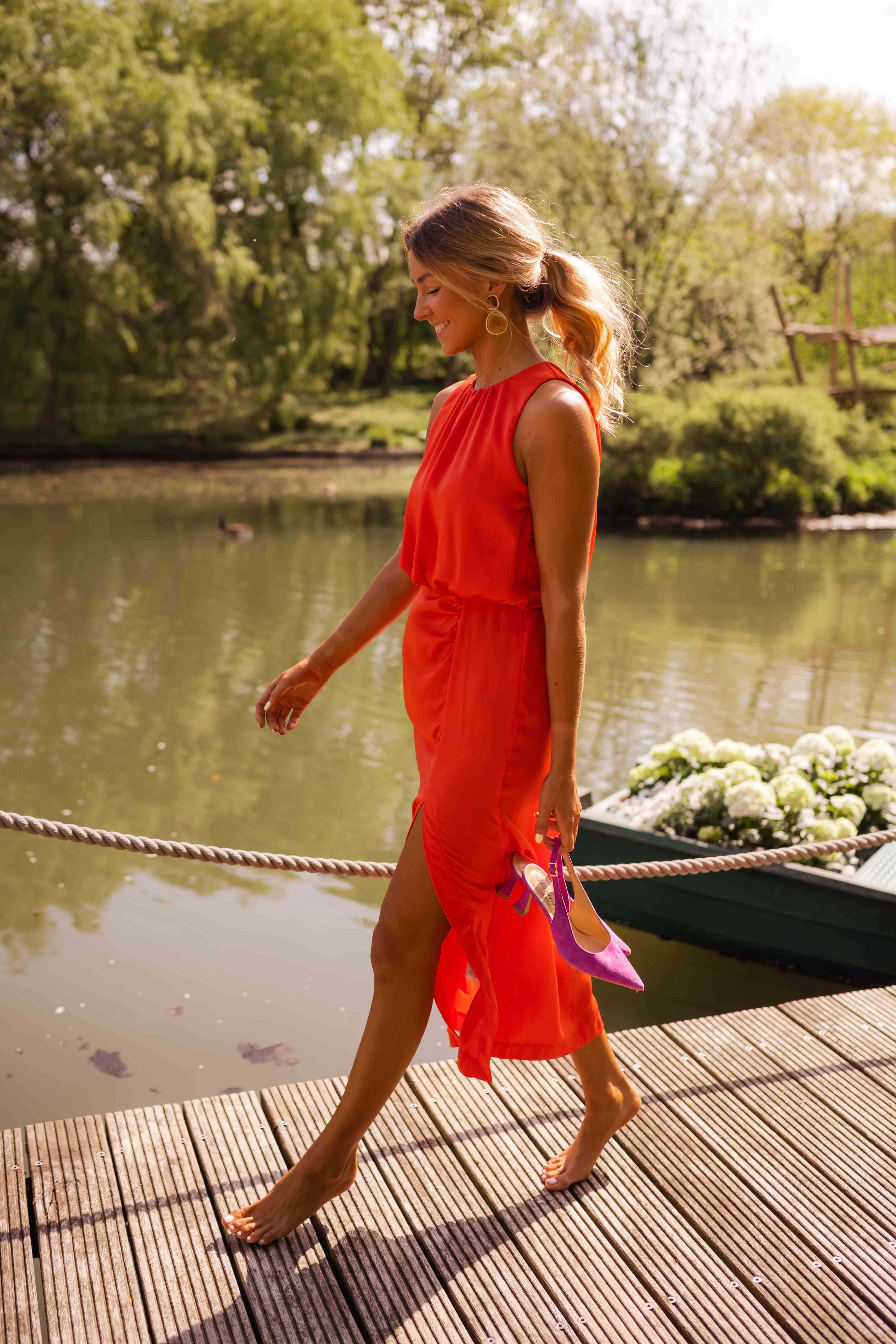 Damen Midikleid Stehkragen Ärmellos Beinschlitz